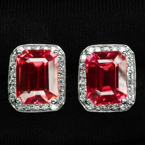 SUNSET PINK SAPPHIRE RARE 12.35CT 925 STERLING SILVER HANDMADE HALO EARRINGS