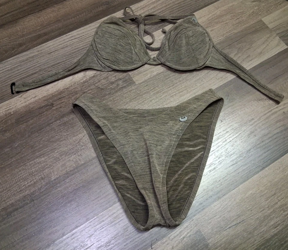 XOXO Swim Brown Heathered Bikini Small Womens Bathing Suit High Waist Cut Sexy - Image 2 of 4