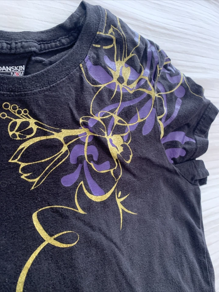 DANSKIN NOW Medium (8-10) Black T Shirt Glitter Purple Floral 100% Cotton - Image 2 of 4