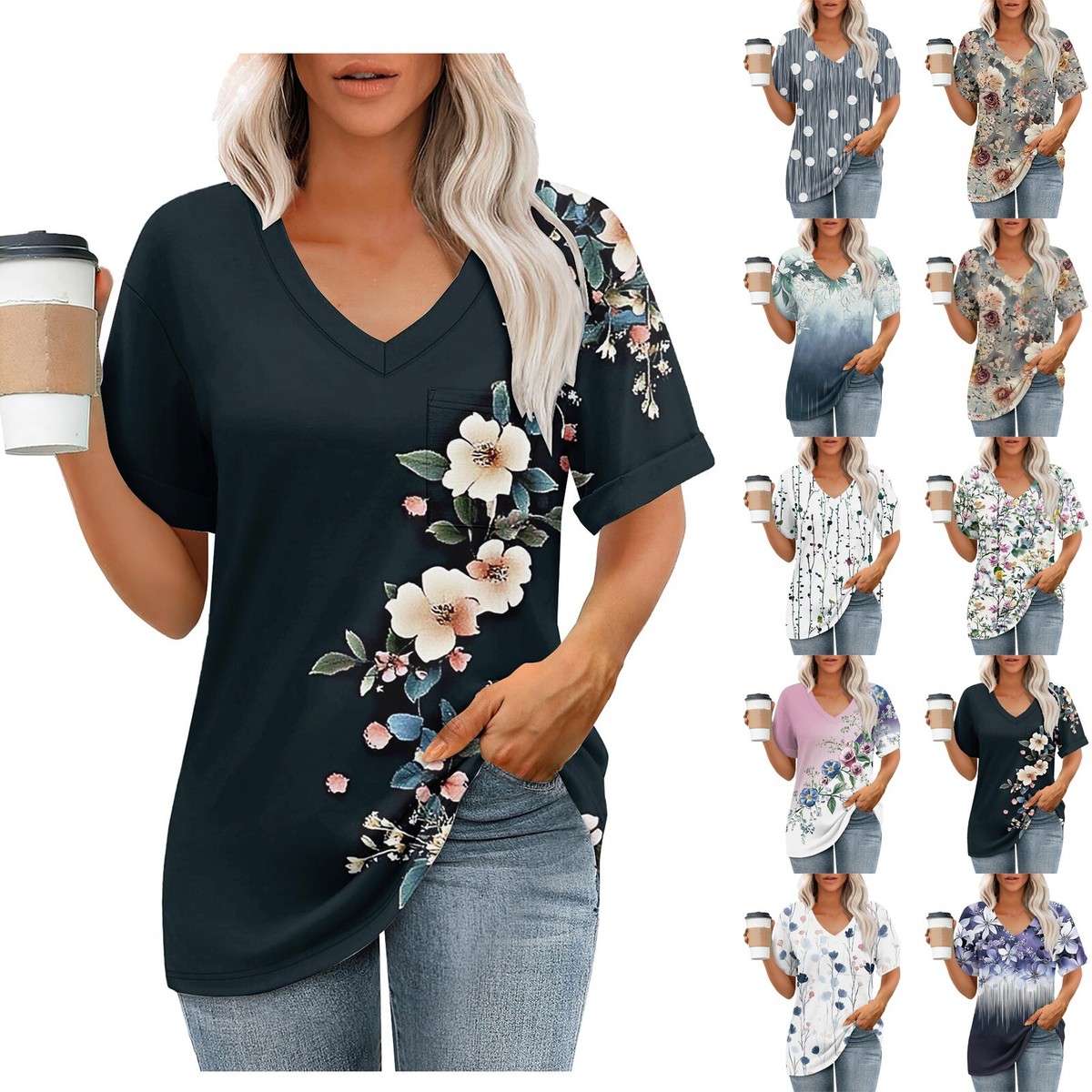 Remidoo Women's Casual V-Neck Short Sleeve Oversized T-Shirt - Loose Fit Basic Summer Top - View #8