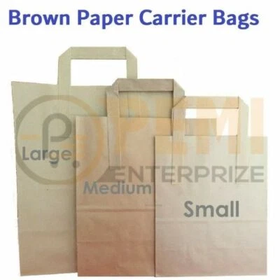 SOS BROWN CARRIER PAPER BAGS FLAT HANDLE USE FOR PARTIES SHOPS FOOD TAKEAWAY GIFTS