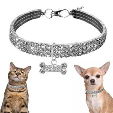 Rhinestone Dog Necklace Crystal Bling Cat Collar Jewelry with Bone Pendant, XXS