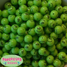 12mm Lime Green Monster Face Grinchy Print Bubblegum Beads Lot 40 pc. gumball
