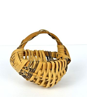 Miniature Handwoven Gathering Basket Artist Signed Dated Bent Wood Handle