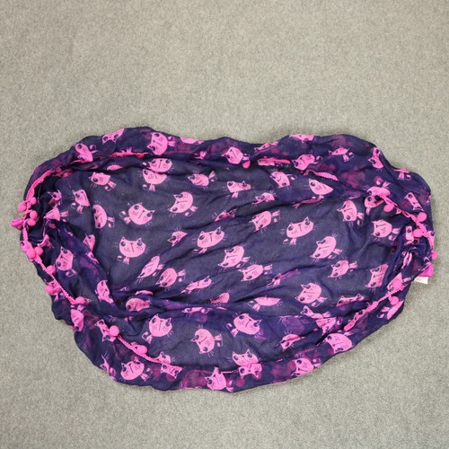 Kitty Cat Print Pom Pom Fringed Circle Scarf Purple Pink Snap Close One Size - Picture 6 of 14