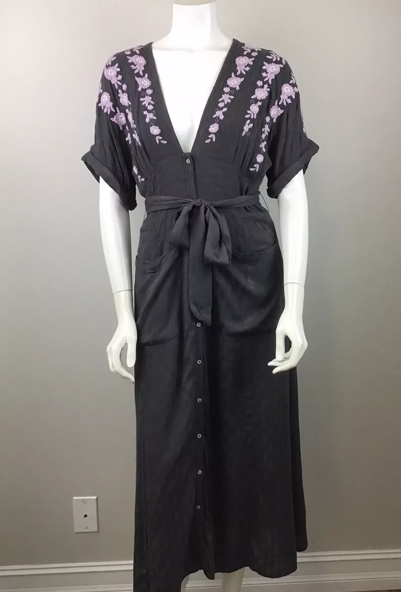 Free People Love to Love You Gray Floral Embroidered Button Up