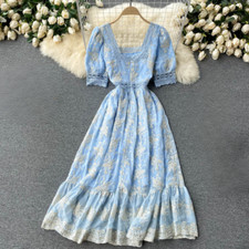 Ladies Tea Dress Lace Embroidery Square Neck A-line Midi Summer Party Holiday