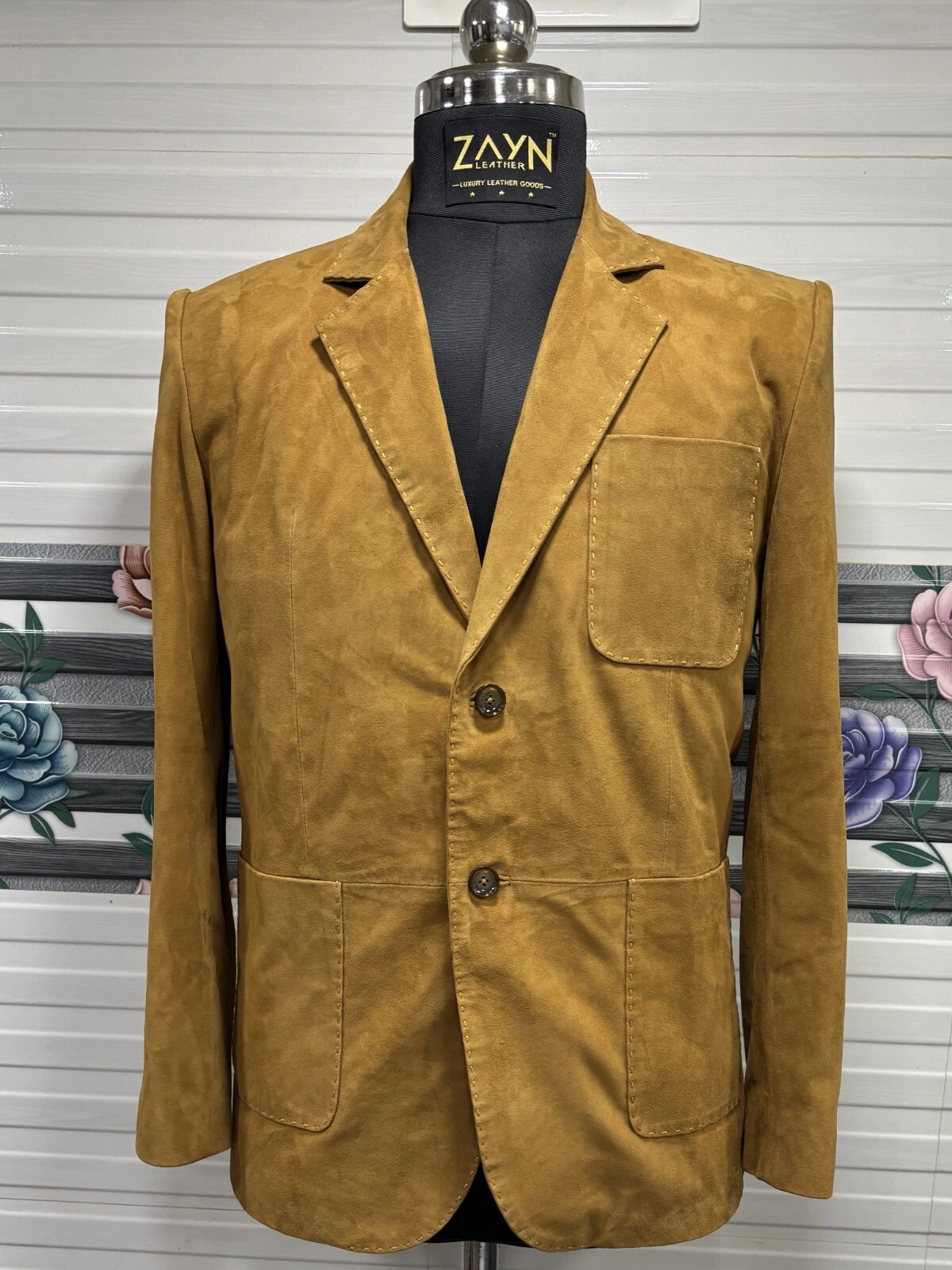 Men's Suede Leather Tan Brown Blazer Two Button Classic Coat Handmade Pure Suede