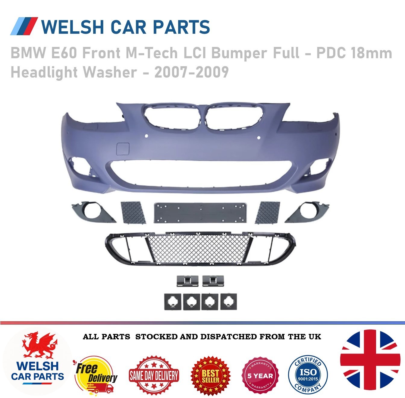 BMW E60 Front M-Tech LCI Bumper Full - PDC 18mm Headlight Washer - 2007-2009 