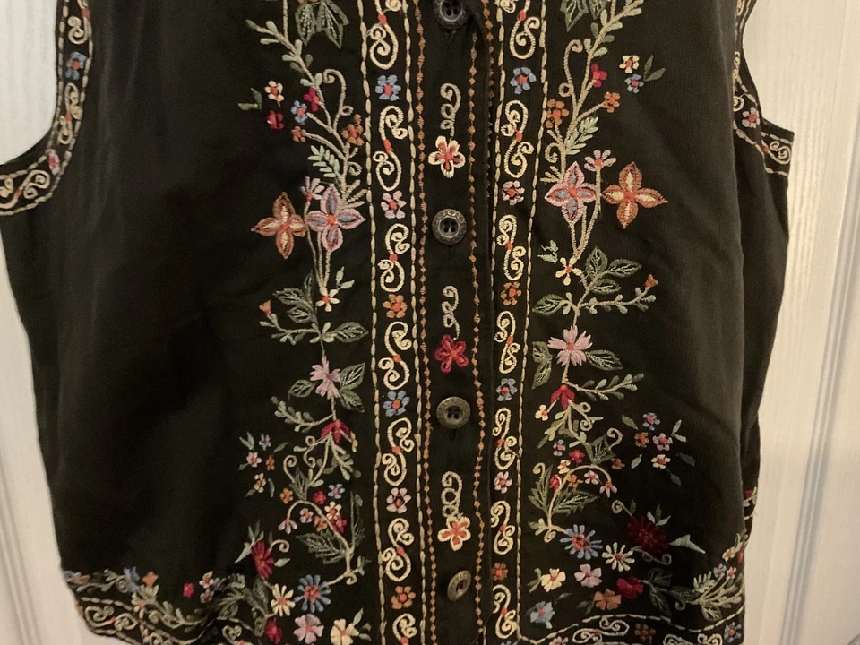 Paul Harris Designs Embroidered Floral Button Front Vest Size L Vintage -B8 - Image 4 of 4