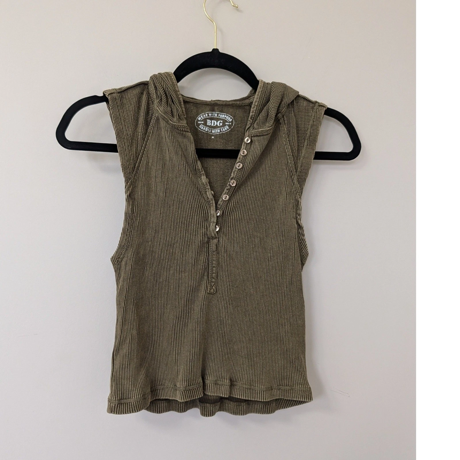 BDG Urban Outfitters Olive Green Ribbed Henley Sleeveless Hoodie Top Sleaze