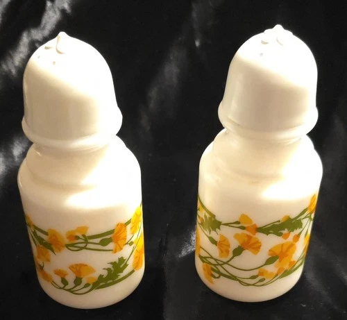 VINTAGE SALT & PEPPER SHAKERS WHITE MILK GLASS WITH ORANGE/YELLOW FLOWERS