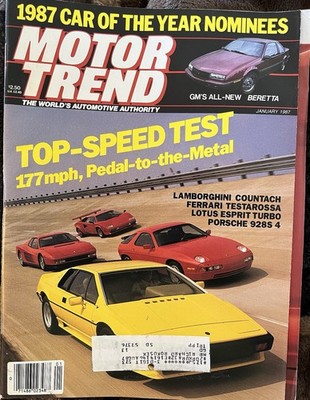 Motor Trend Magazine Jan 1987 Lamborghini Ferrari Lotus Speed Test Featured