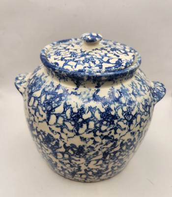 Vintage Kasco Pottery Blue Spongeware Canister with Lid