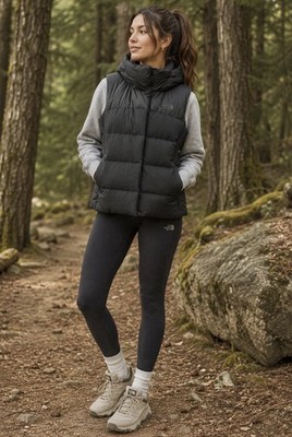 THE NORTH FACE Womens M Black Sleeveless Puffer Down Vest with Hood 700 Series
