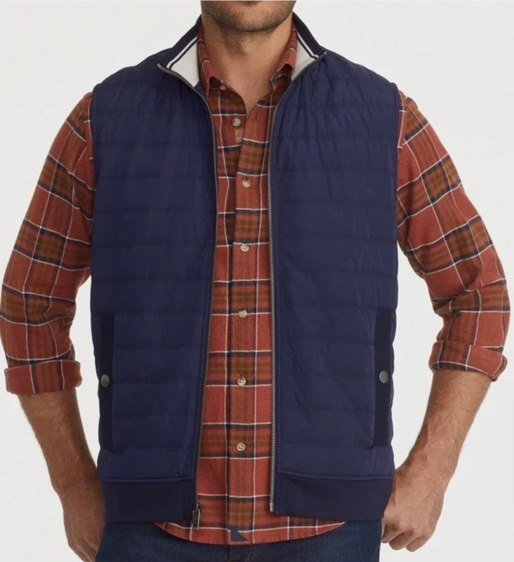 Untuckit Men's Rebulo Vest Quilted Front Pima Cotton Lined Zip Navy Size Large