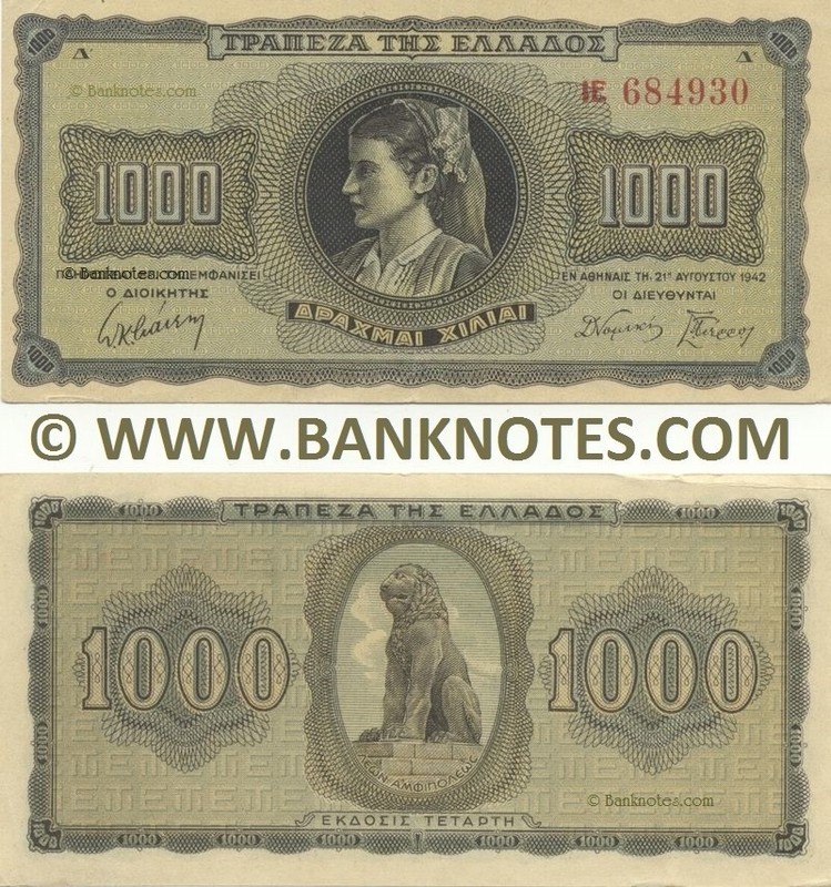 Greece/1942/1000 Drachmai/Woman From Thassos/Lion of Amphipolis/P-118/Unc.