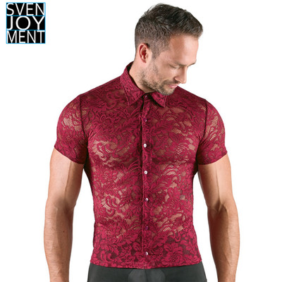 Mens Sheer Floral Lace Dark Red Stylish Short Sleeve Shirt