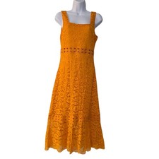 Lulus Square Neck Lace Midi Dress Women's S Cutout Waist Orange Summer Party