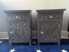 Atkin & Thyme Attika Pair Mango Wood Bedside Cabinets Grey Carved