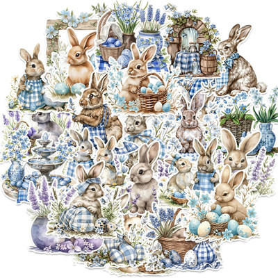 100 Pcs Easter Bunny Stickers - Watercolor Rabbit & Blue Gingham Pattern, 100 Pi