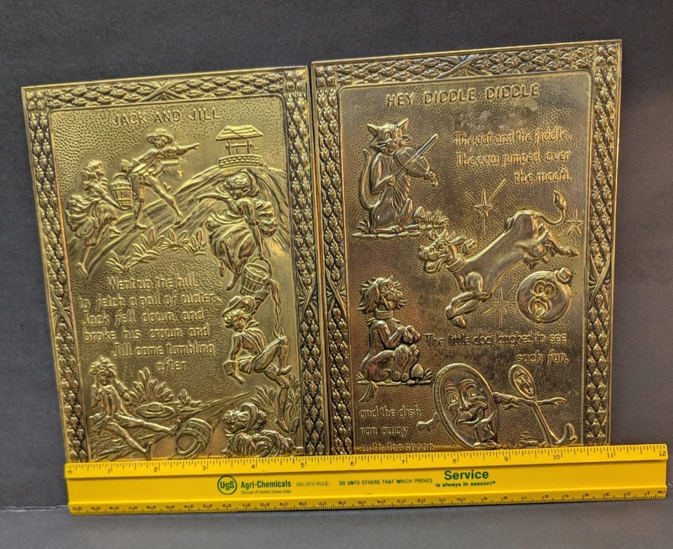 Vintage Jack And Jill and Hey Diddle Diddle Nursery Rhyme Brass Embossed Wall - Image 4 of 4