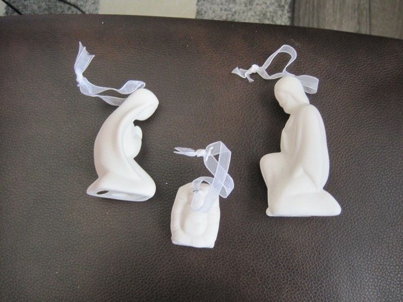 White Heirloom Nativity 3 Pc Porcelain Ornament Set Unto Us A Child is Born