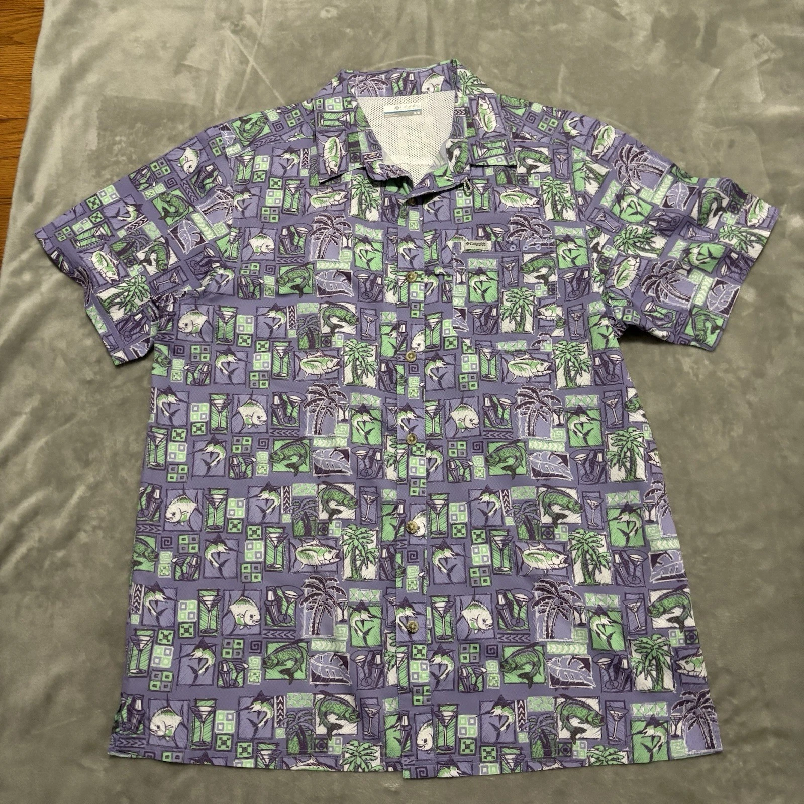 Columbia PFG Fishing Shirt Mens M Tropical AOP Button Up Loop Collar Vented