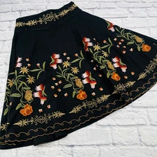 Max Mara Embroidered Midi Skirt Black Womens Size Large Flared A Line
