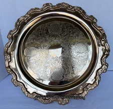 Asian Etched Gold-plated Scallop Edge Service Tray with Royal Floral Design 13"
