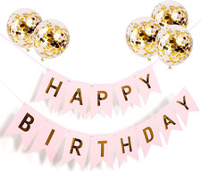 Happy Birthday Banner Sign Bunting Hanging Decorations with Shiny Gold Balloons