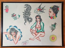 Bob Shaw Traditional Vintage Style Tattoo Flash Sheet 75 Girl, Snake, Skull, Sun