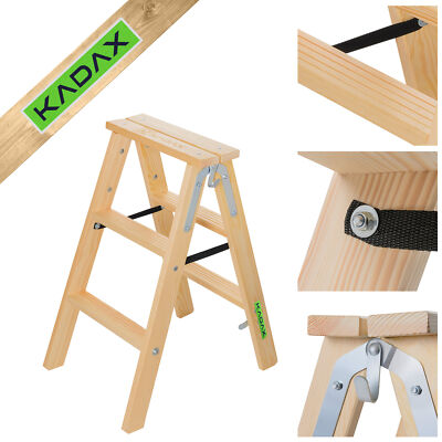KADAX Holzleiter, Malerleiter, Stehleiter, mit Stahlhaken, 3 Stufen