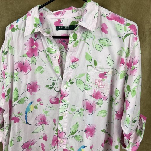 Lauren Ralph Lauren LARGE Tropical Bird Embroidered Monogram VTG Sleep Shirt Top - Picture 2 of 8