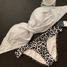 Victoria's Secret 32D Bandeau BIKINI XS bottom Silver BLACK White ANIMAL PRINT