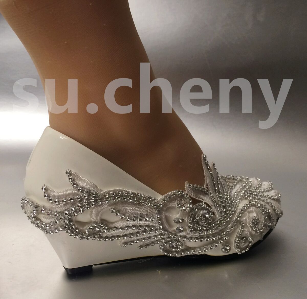 Wedge low high heels Lace crystal white ivory pump Wedding Bridal shoes | eBay