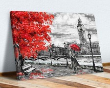 Canvas Wall Art Picture Print Artwork London Big Ben Grey Red Umbrella