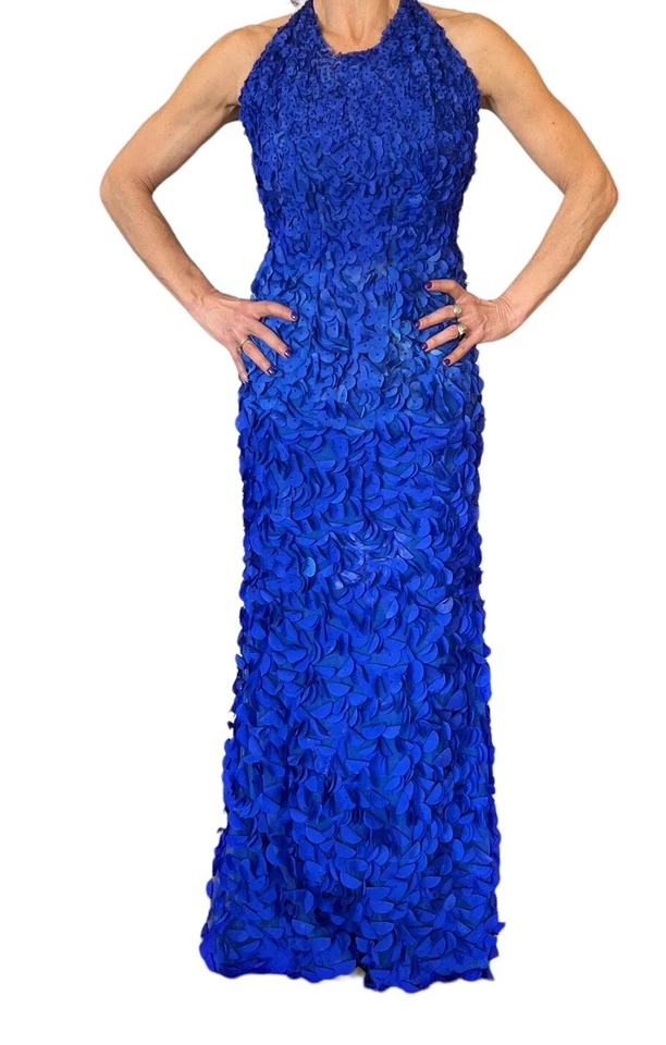 THEIA Vestido Largo Cuello Halter Vestido de Noche Azul Cobalto Pétalo Flor Cuentas 4 Foto 3 de 4