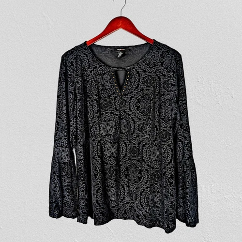 Style & Co Burnout Velvet Bell Sleeve Top Shirt Medium