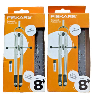 Fiskars Metal Protractor & 12'' Compass Set Gray Lead Refills (Lot of 2)
