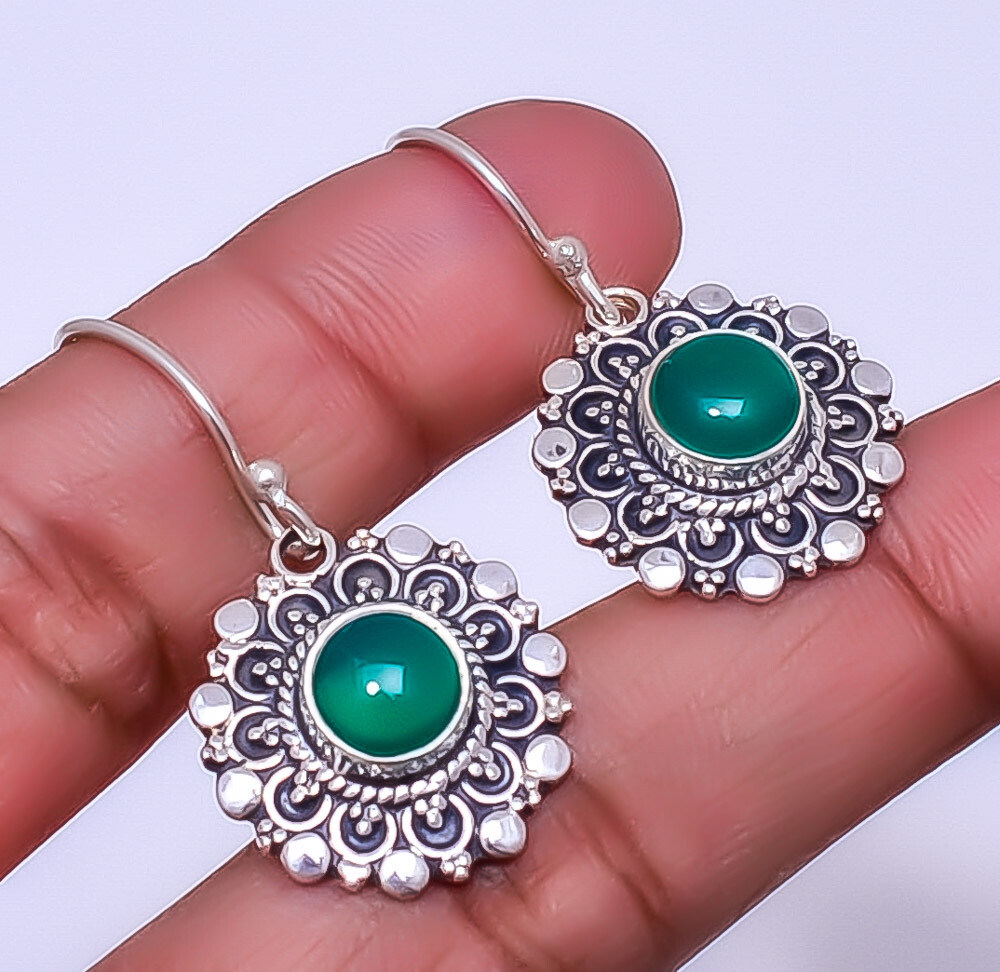 Green Onyx 925 Sterling Silver Bali Earring 1.33