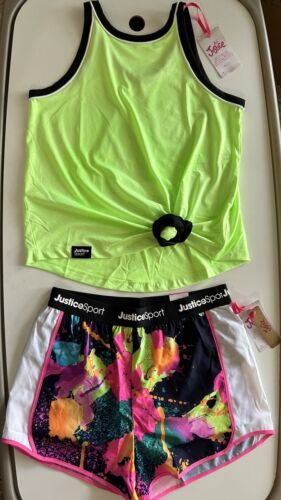 NWT Justice Girl J-Sport Green Tank+scrunchie & Running Short Outfit XL 16-18