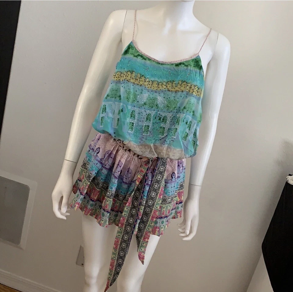 CAMILLA Seda Calzado Envoltura Mono Mameluco Faja Corbata Talla 1 S Azul Verde Rosa Foto 2 de 4