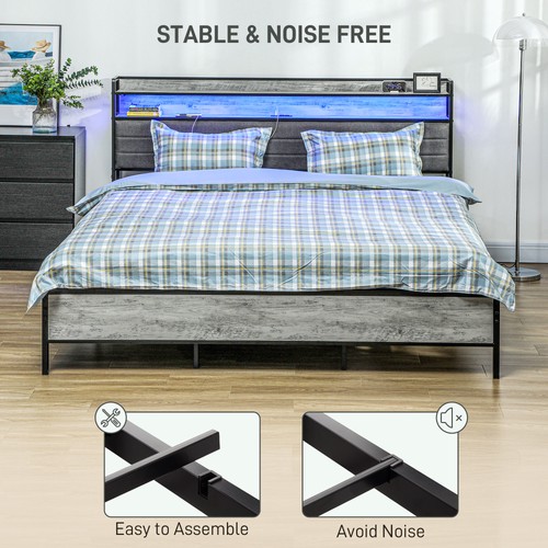 LED King Size Bed Frame with Headboard Charging Station, Cement Gray - Picture 7 of 11