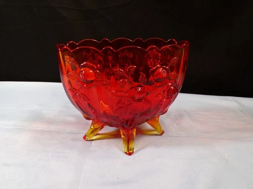 Fenton Amberina Orange Glass Oval 4 Toed Cabbage or Embossed Rose Vase