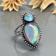 Pear Shaped Rainbow Opalescent Glass Sterling Silver Ring-Multi Stone - Size 8.5