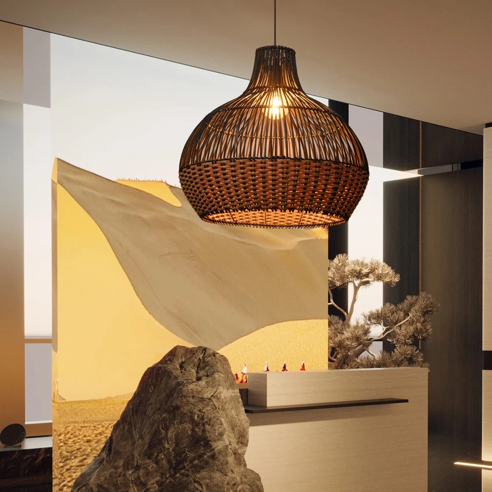 Luces Colgantes de Ratán, Araña de Mimbre Boho Cesta Lámparas de Iluminación, Naturaleza... Foto 4 de 4