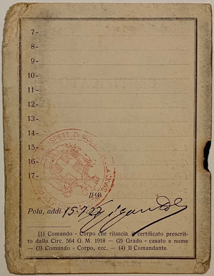 POLA CROAZIA 15a DIVISIONE MILITARE TESSERA GEN GIGANTE CARLO IRREDENTISTA FIUME - Imagen 4 de 4