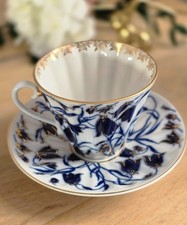Vintage Russian Lomonosov Cobalt Bluebell Teacup and Saucer with Gold Gilt