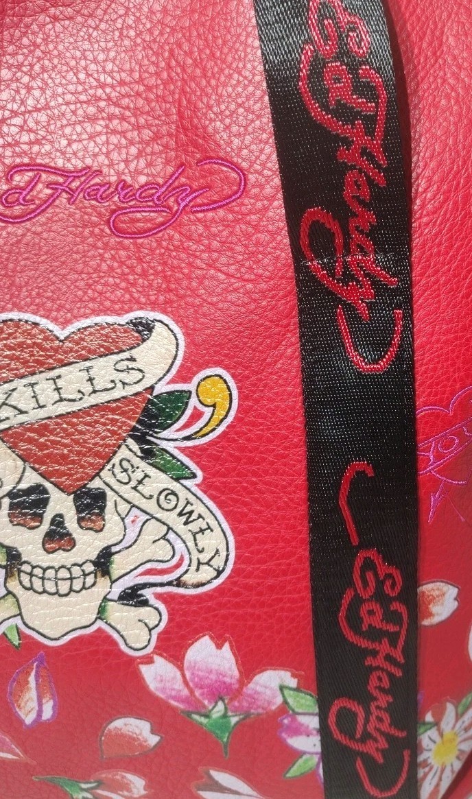 NEW Ed Hardy Red and Black Floral Skull Tote With Bag Charm And